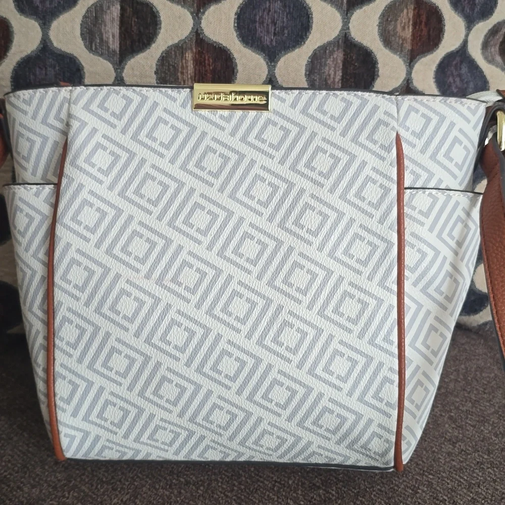 Light Gray Patterned Tote with Brown Trim - Unknown Brand